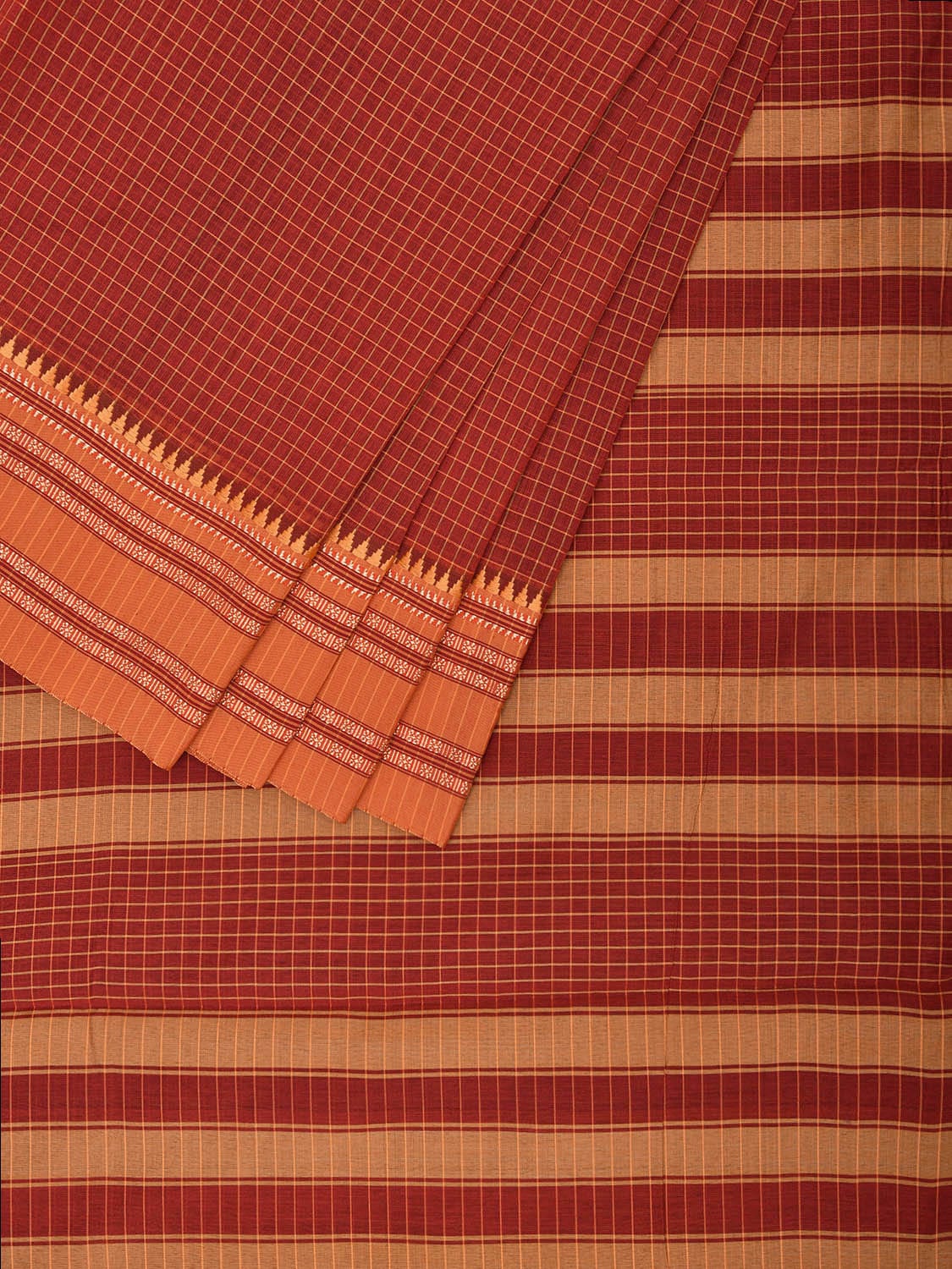 Red and Mustard Bamboo Cotton Saree with Checks Design No Blouse bc0667