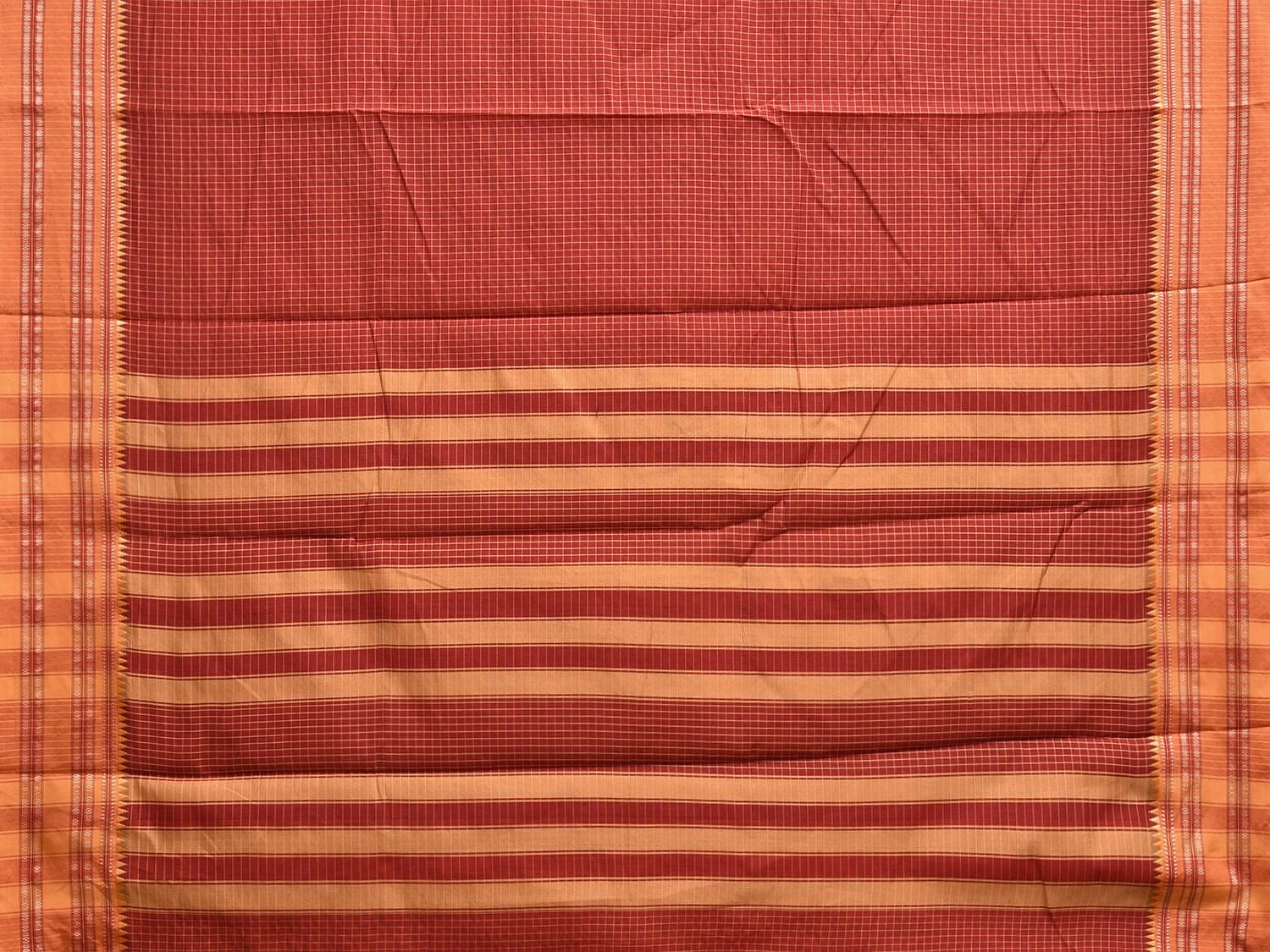 Red and Mustard Bamboo Cotton Saree with Checks Design No Blouse bc0667