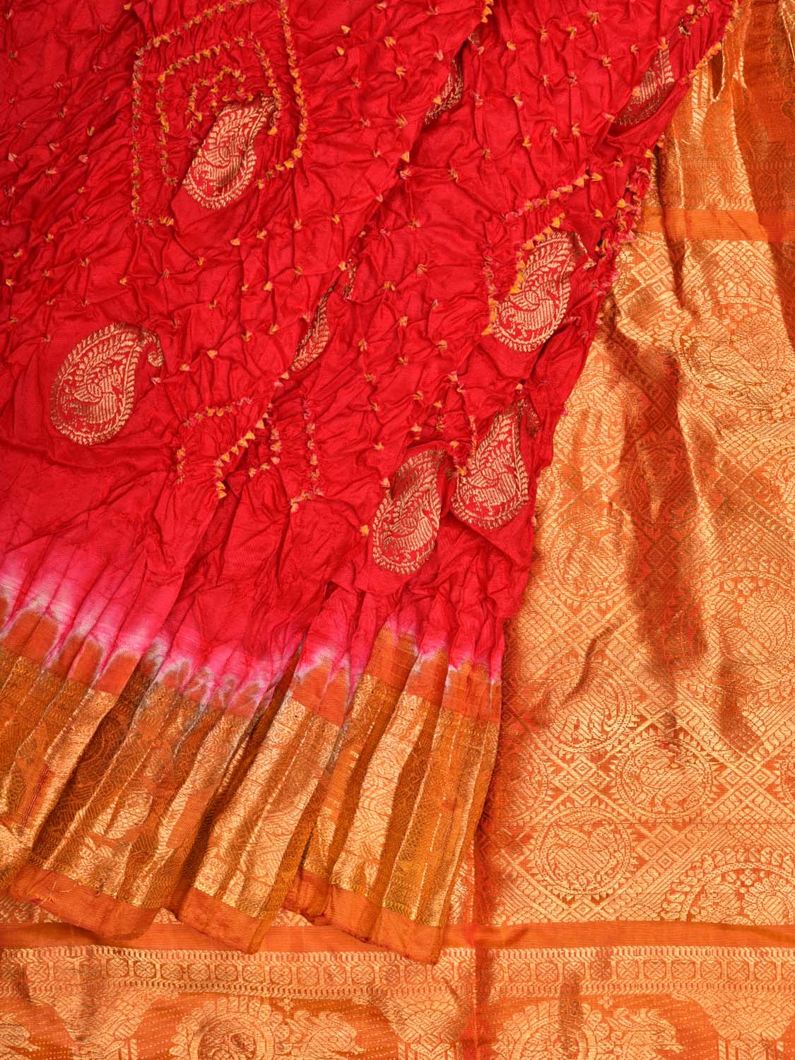 Red and Mustard Bandhani Kanchipuram Silk Handloom Saree with Mango Buta Design bn0279