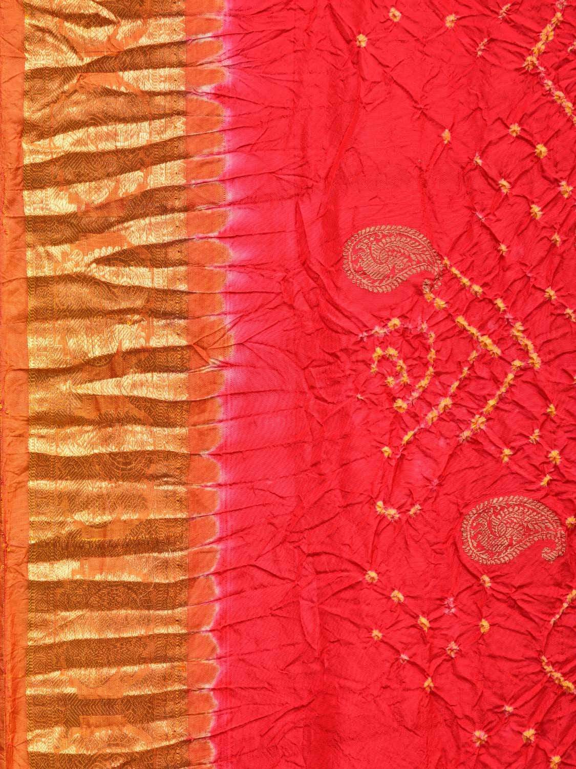 Red and Mustard Bandhani Kanchipuram Silk Handloom Saree with Mango Buta Design bn0279