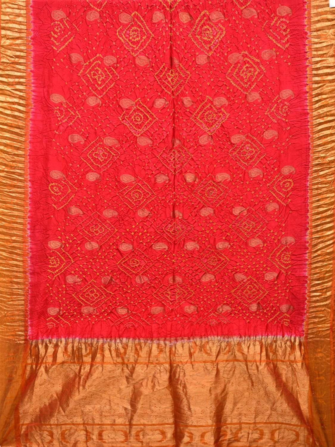 Red and Mustard Bandhani Kanchipuram Silk Handloom Saree with Mango Buta Design bn0279