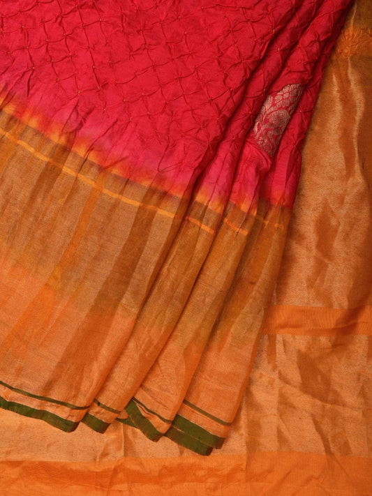 Red and Mustard Bandhani Kanchipuram Silk Handloom Saree with Shikari Buta Design bn0220