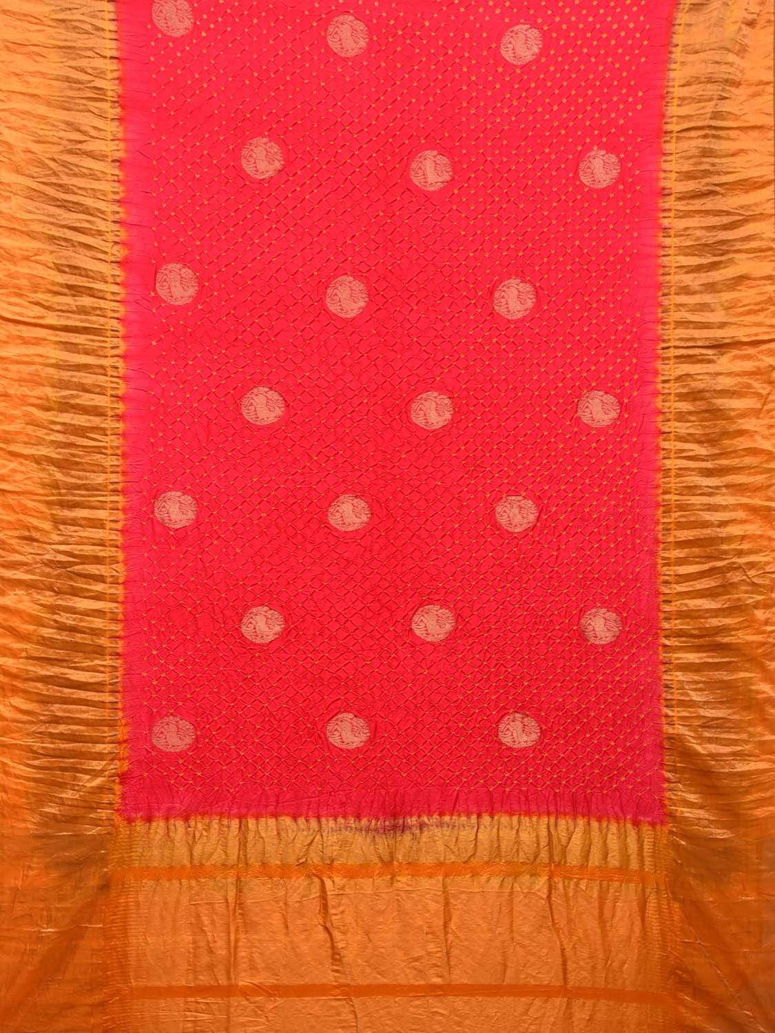 Red and Mustard Bandhani Kanchipuram Silk Handloom Saree with Shikari Buta Design bn0220