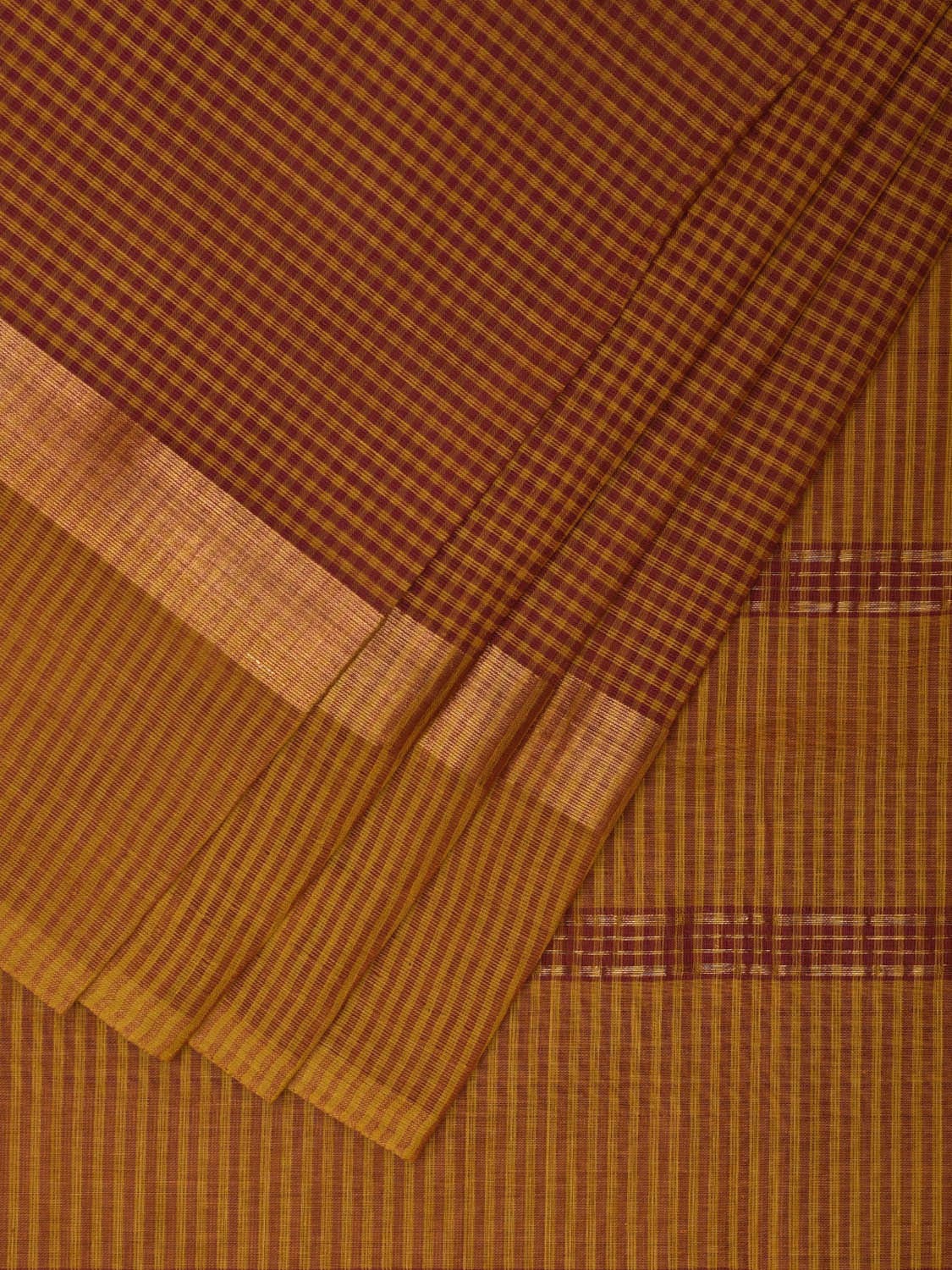 Red and Mustard Kanchipuram Cotton Saree with Small Checks Design k0608