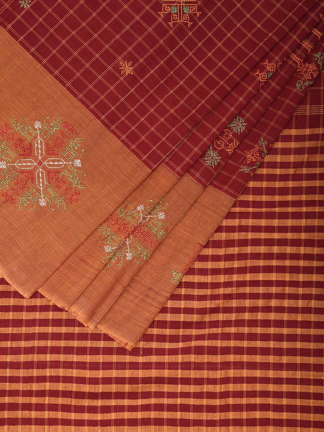 Red and Mustard Narayanpet Cotton Handloom Saree with Checks and Kasuti Work Design o0587
