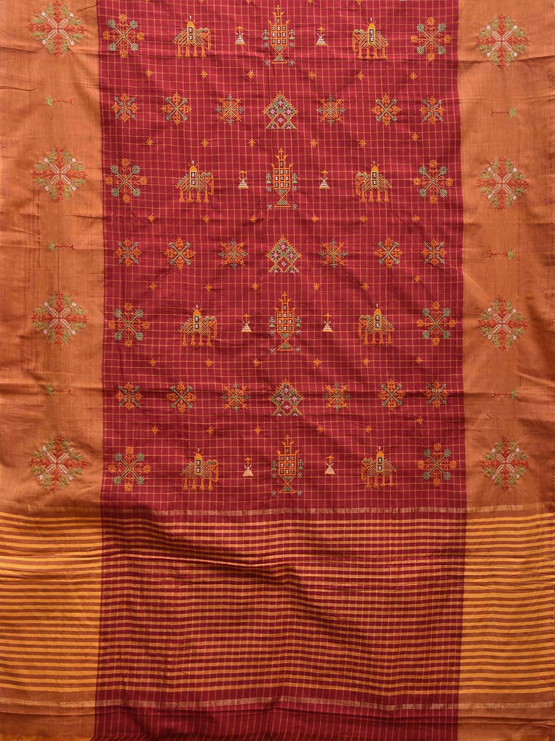 Red and Mustard Narayanpet Cotton Handloom Saree with Checks and Kasuti Work Design o0587