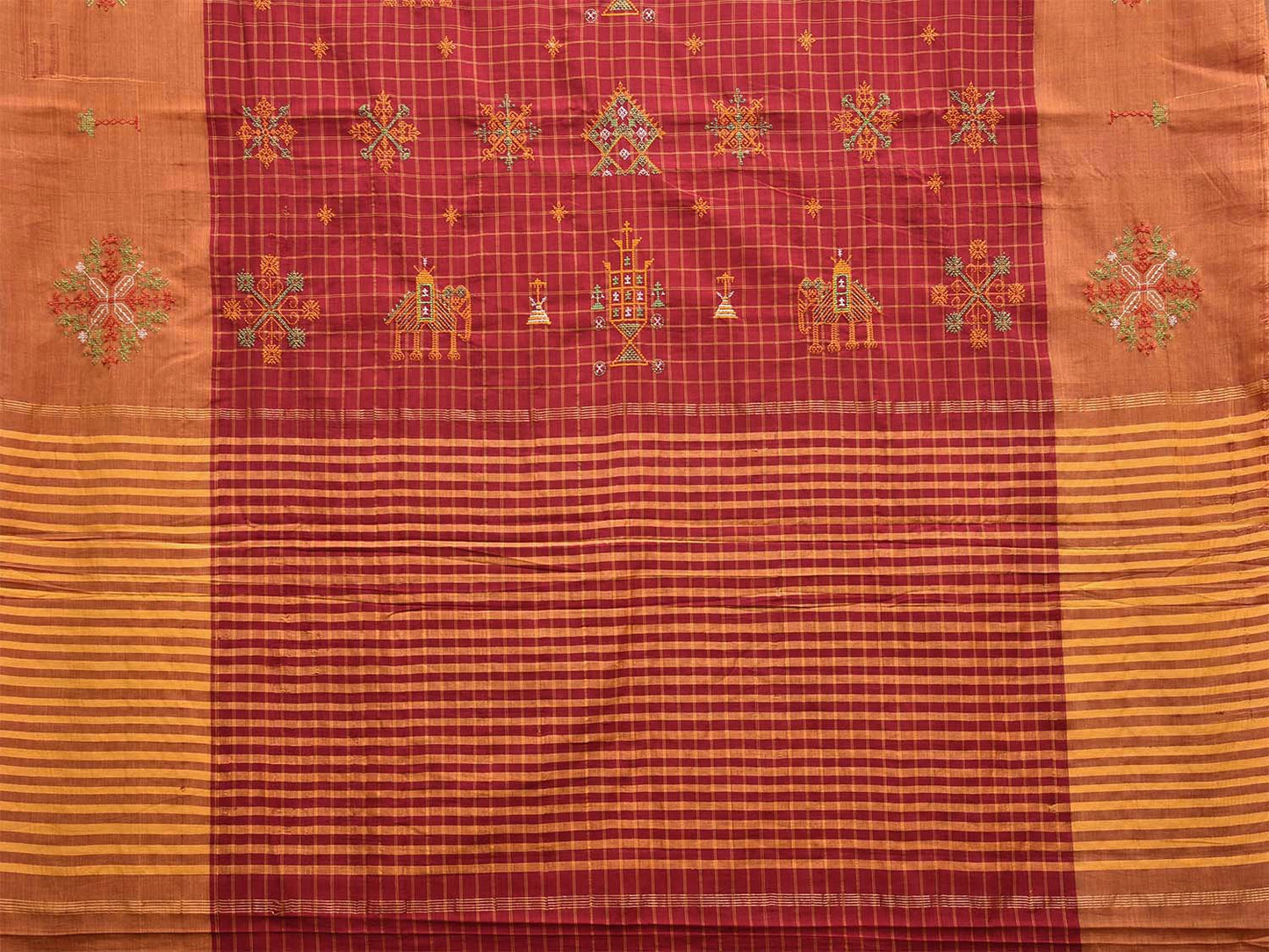 Red and Mustard Narayanpet Cotton Handloom Saree with Checks and Kasuti Work Design o0587