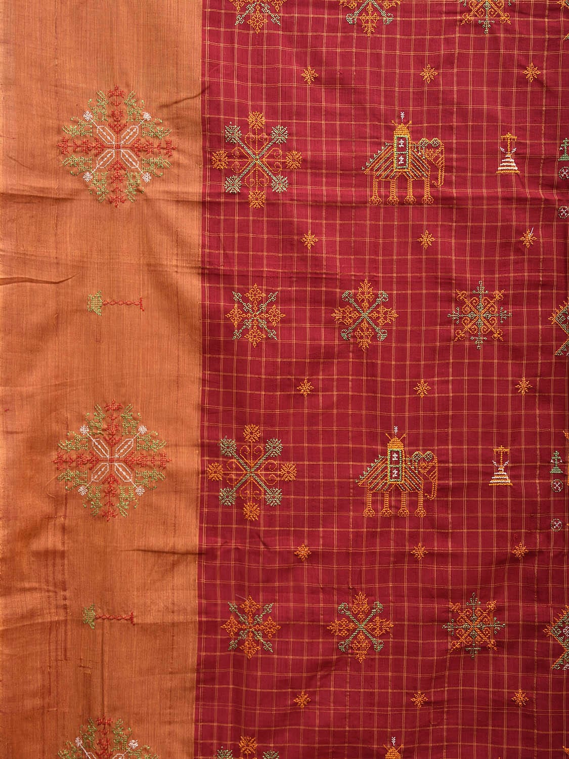 Red and Mustard Narayanpet Cotton Handloom Saree with Checks and Kasuti Work Design o0587