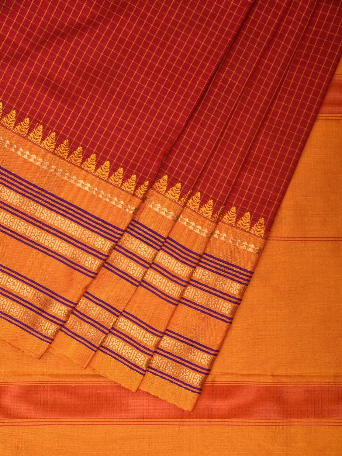 Red and Mustard Narayanpet Silk Handloom Saree with Checks Design np0941