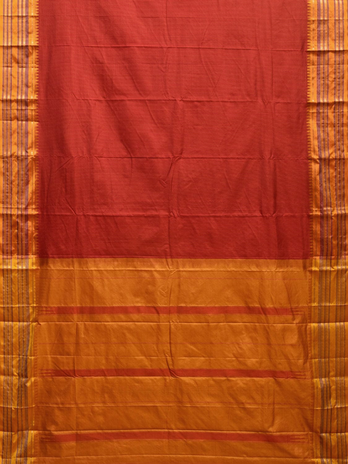Red and Mustard Narayanpet Silk Handloom Saree with Checks Design np0941