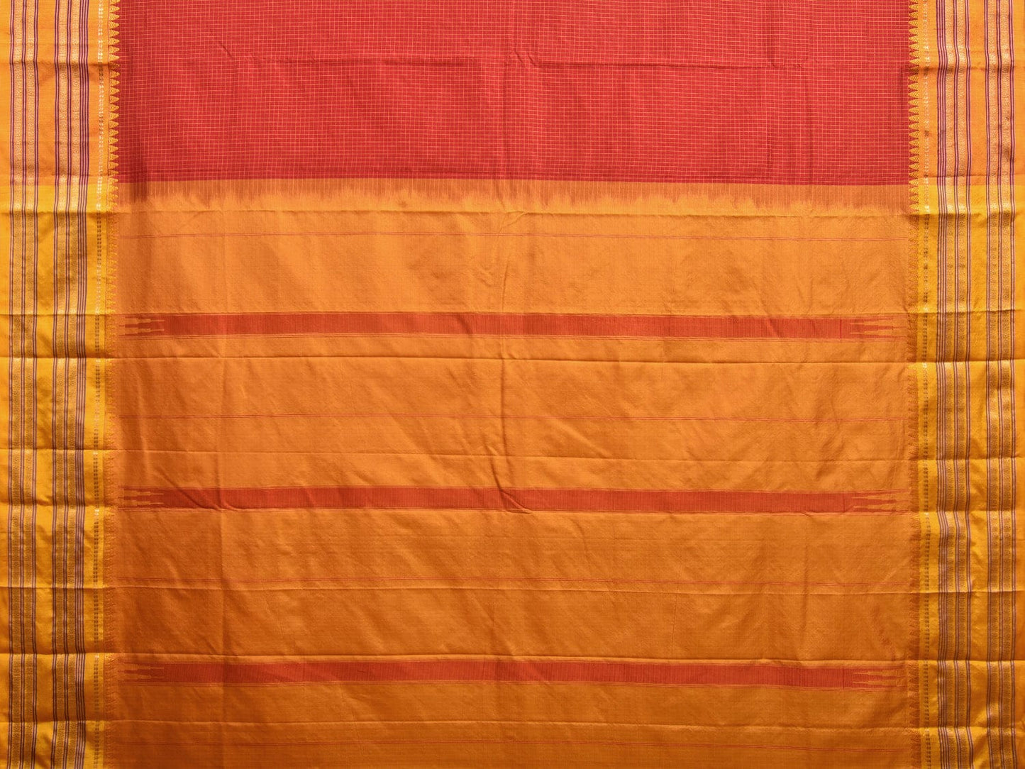 Red and Mustard Narayanpet Silk Handloom Saree with Checks Design np0941