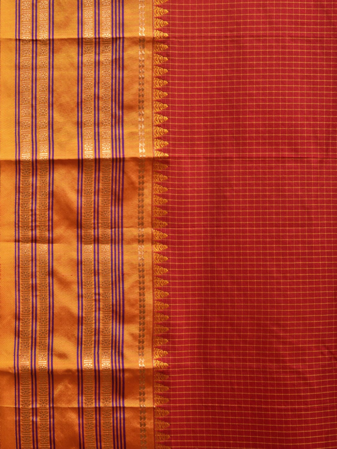 Red and Mustard Narayanpet Silk Handloom Saree with Checks Design np0941