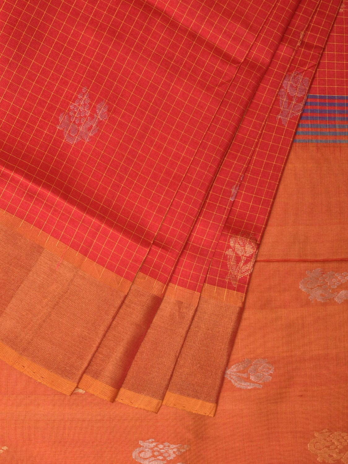 Red and Mustard Uppada Silk Handloom Saree with Body Buta and Checks Design u2204