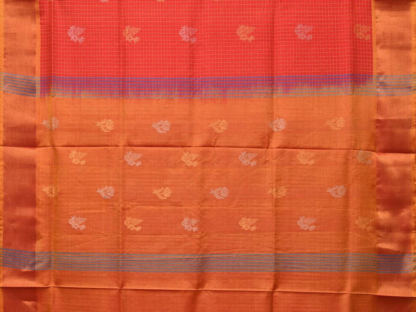 Red and Mustard Uppada Silk Handloom Saree with Body Buta and Checks Design u2204