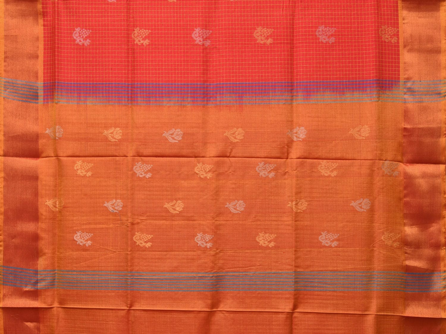 Red and Mustard Uppada Silk Handloom Saree with Body Buta and Checks Design u2204