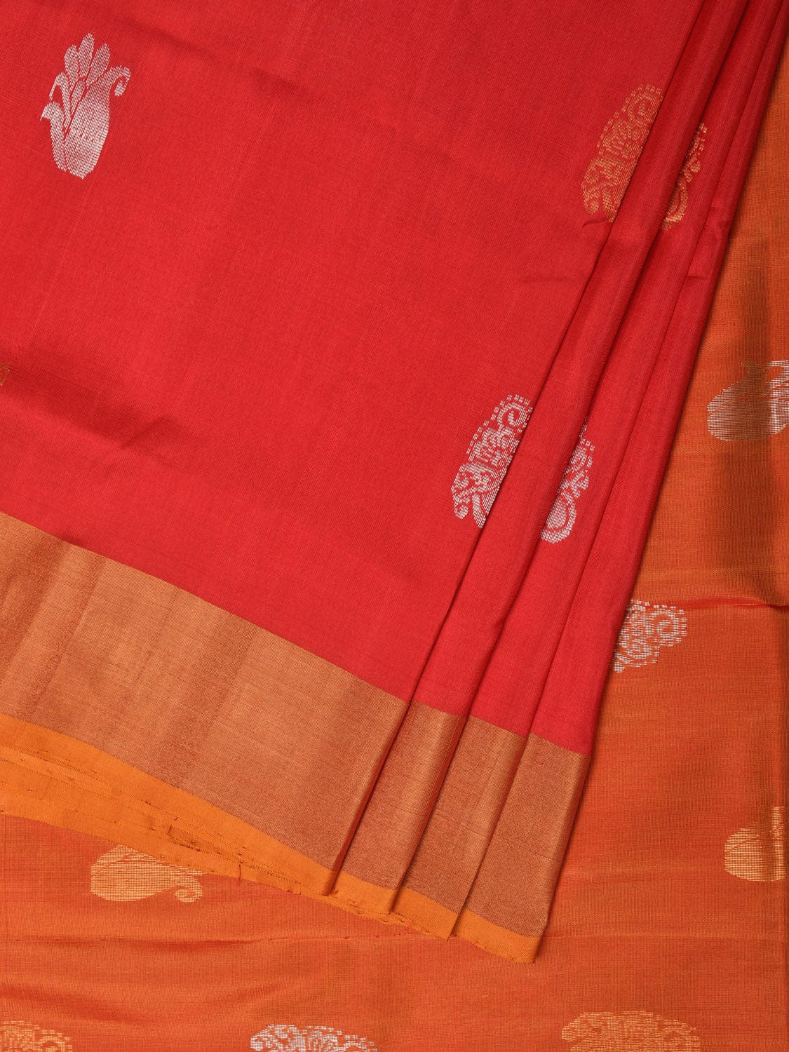 Red and Mustard Uppada Silk Handloom Saree with Body & Pallu Buta Design u2169