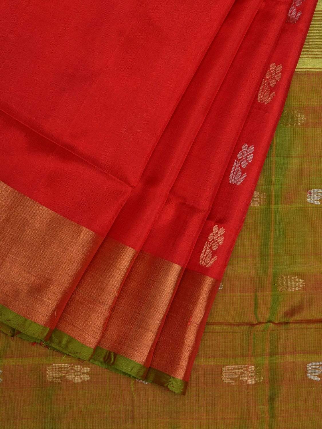 Red and Mustard Uppada Silk Handloom Saree with Buta and Contrast Pallu Design u1808