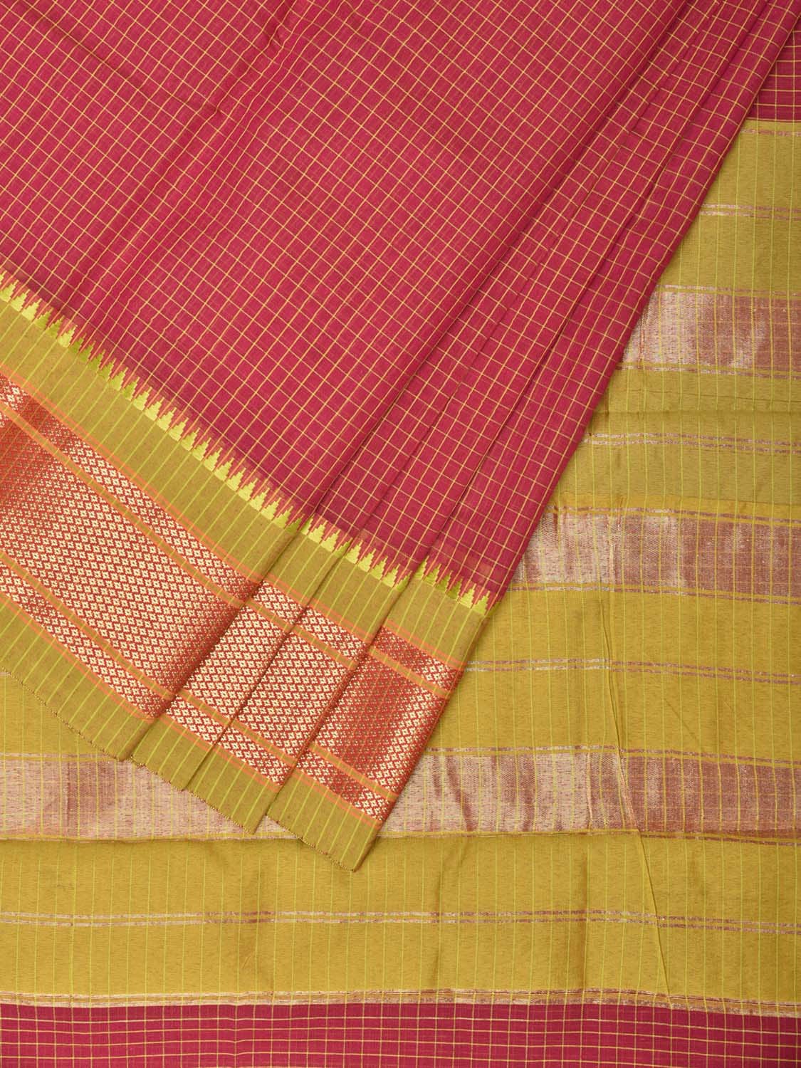 Red and Olive Bamboo Cotton Saree with Checks Design No Blouse bc0165