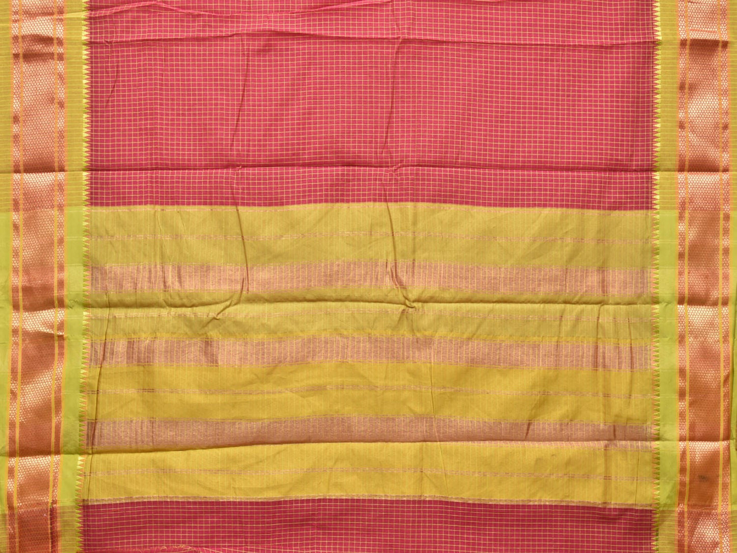 Red and Olive Bamboo Cotton Saree with Checks Design No Blouse bc0165