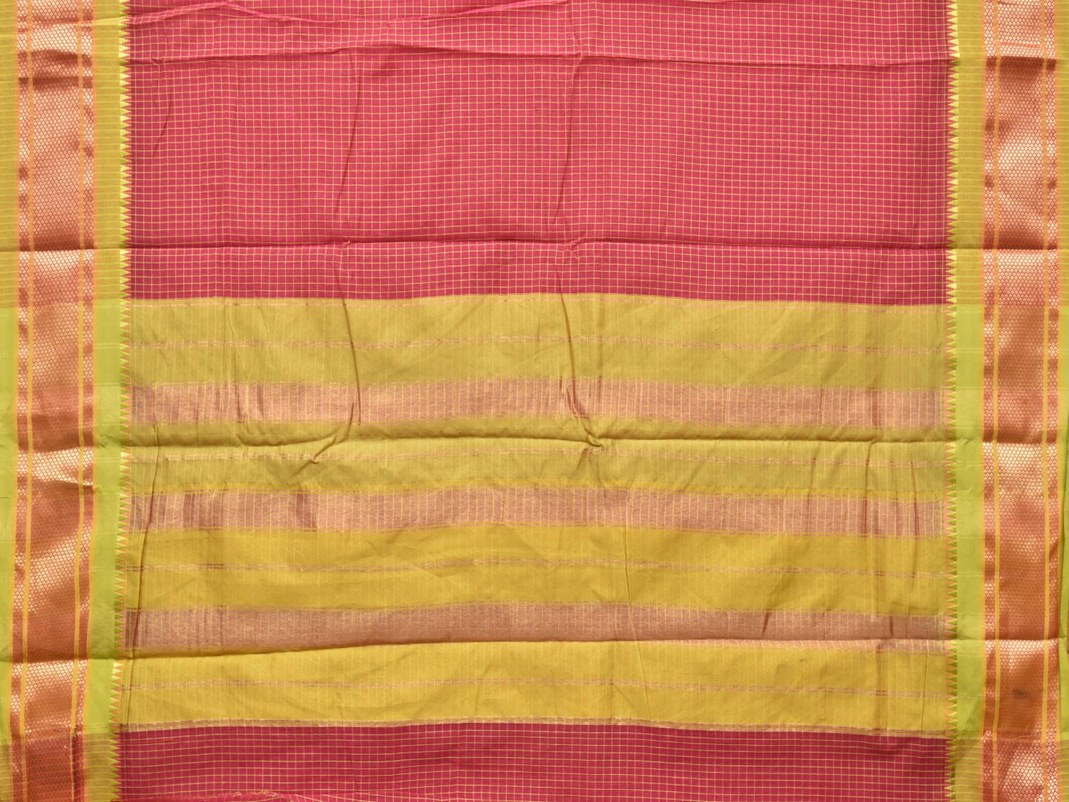 Red and Olive Bamboo Cotton Saree with Checks Design No Blouse bc0165