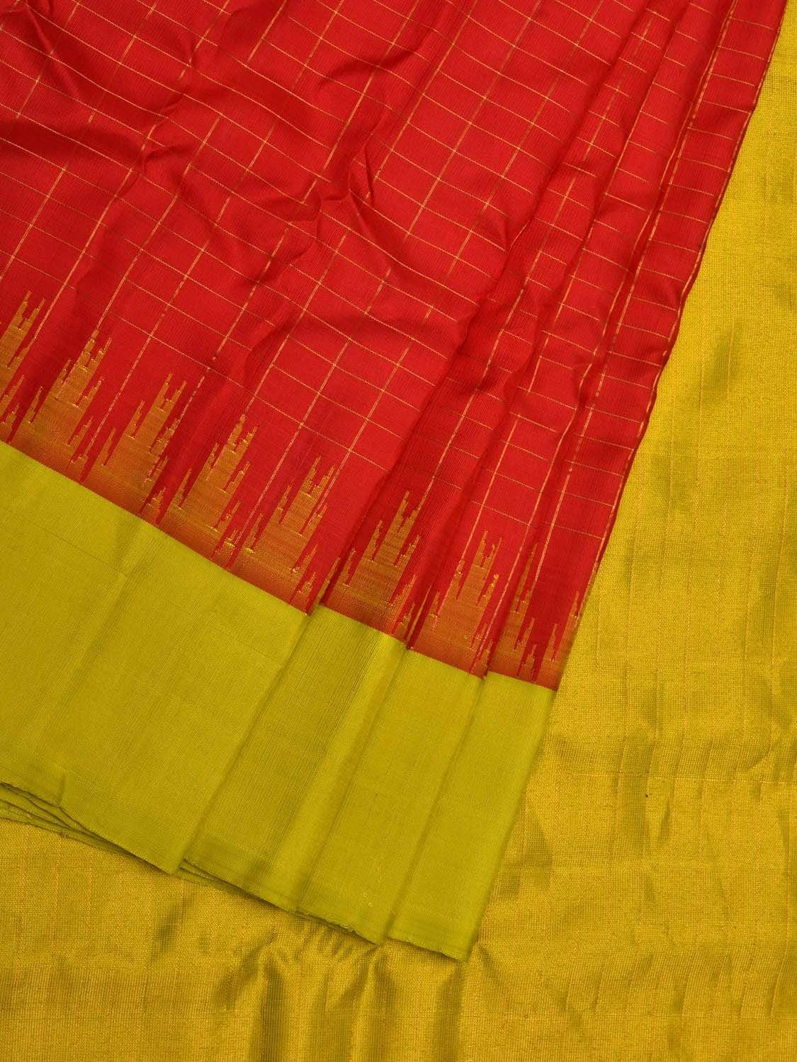 Red and Olive Gadwal Silk Handloom Saree with Checks Design g0281