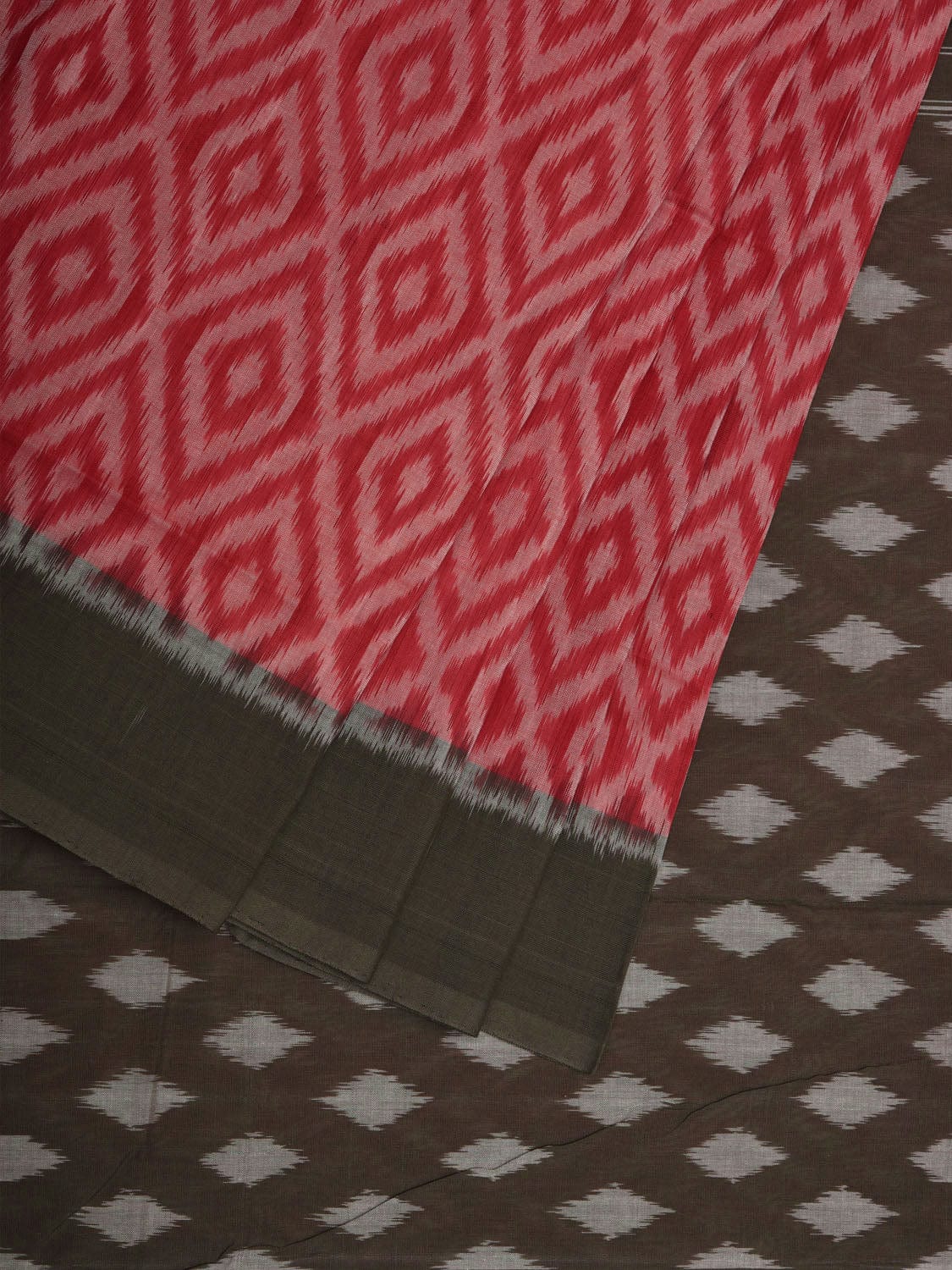 Red and Olive Pochampally Ikat Cotton Handloom Saree with Grill Design i0736