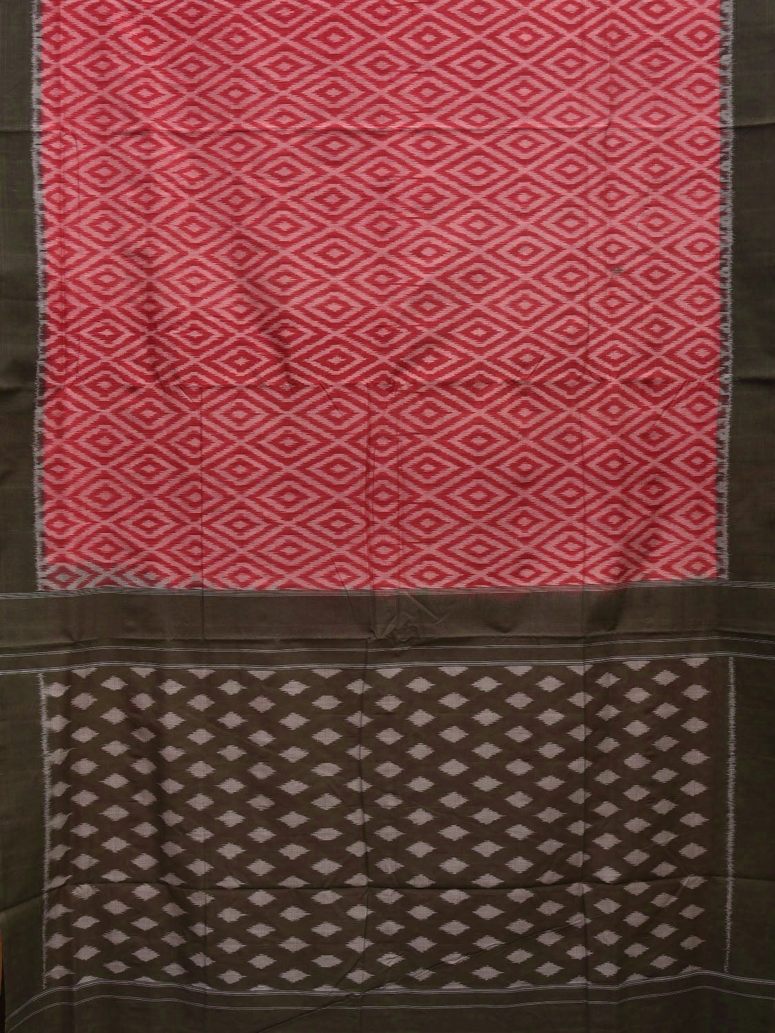 Red and Olive Pochampally Ikat Cotton Handloom Saree with Grill Design i0736