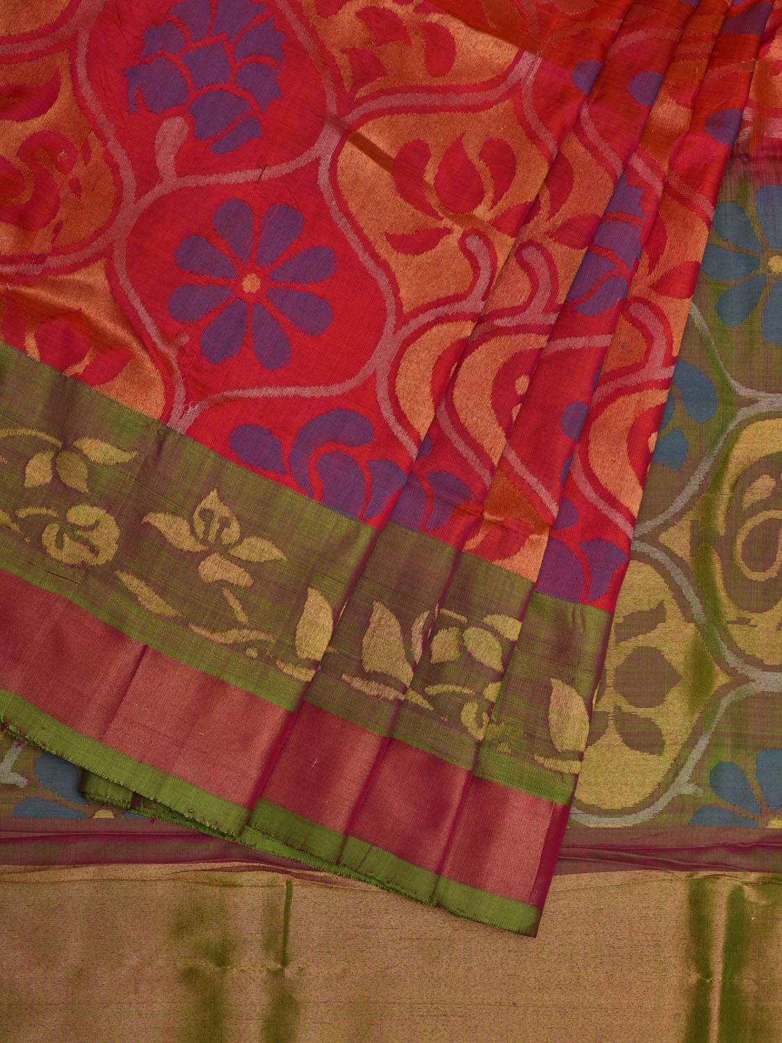 Red and Olive Uppada Silk Handloom Saree with All Over Grill Design u1906