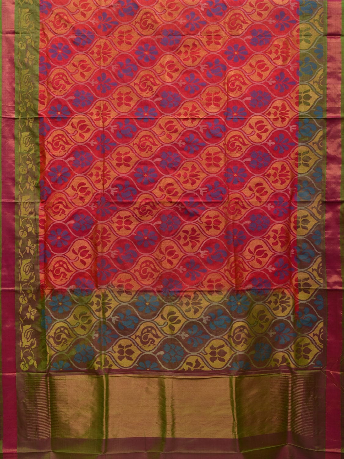 Red and Olive Uppada Silk Handloom Saree with All Over Grill Design u1906