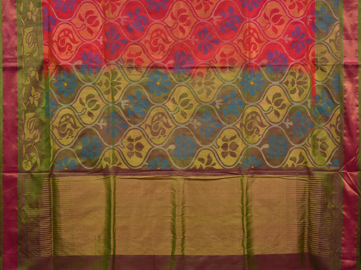 Red and Olive Uppada Silk Handloom Saree with All Over Grill Design u1906