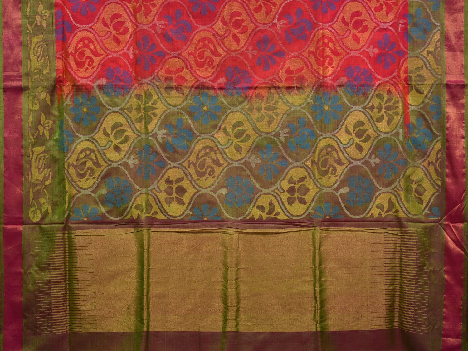 Red and Olive Uppada Silk Handloom Saree with All Over Grill Design u1906