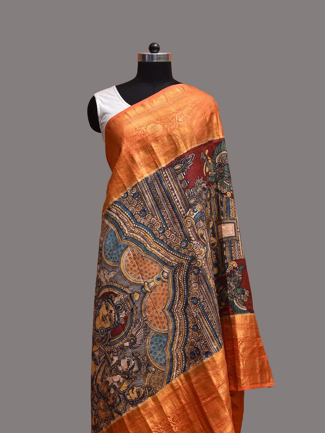 Red and Orange Kalamkari Hand Painted Kanchipuram Silk Handloom Dupatta with Saraswai Design ds3767