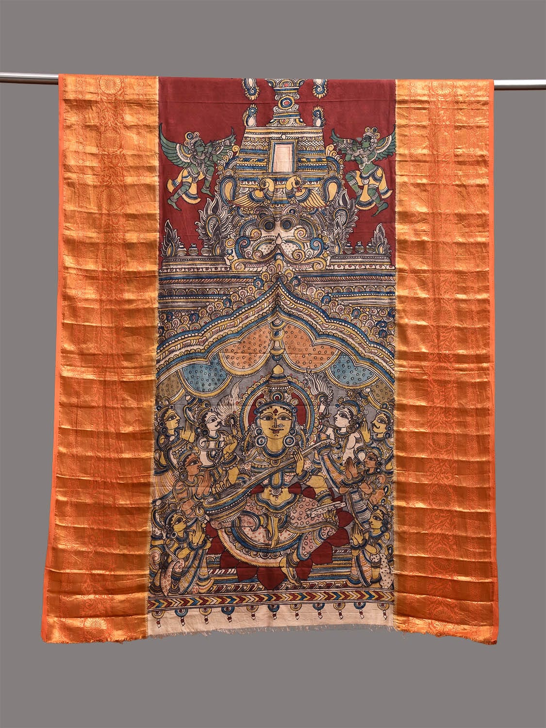 Red and Orange Kalamkari Hand Painted Kanchipuram Silk Handloom Dupatta with Saraswai Design ds3767