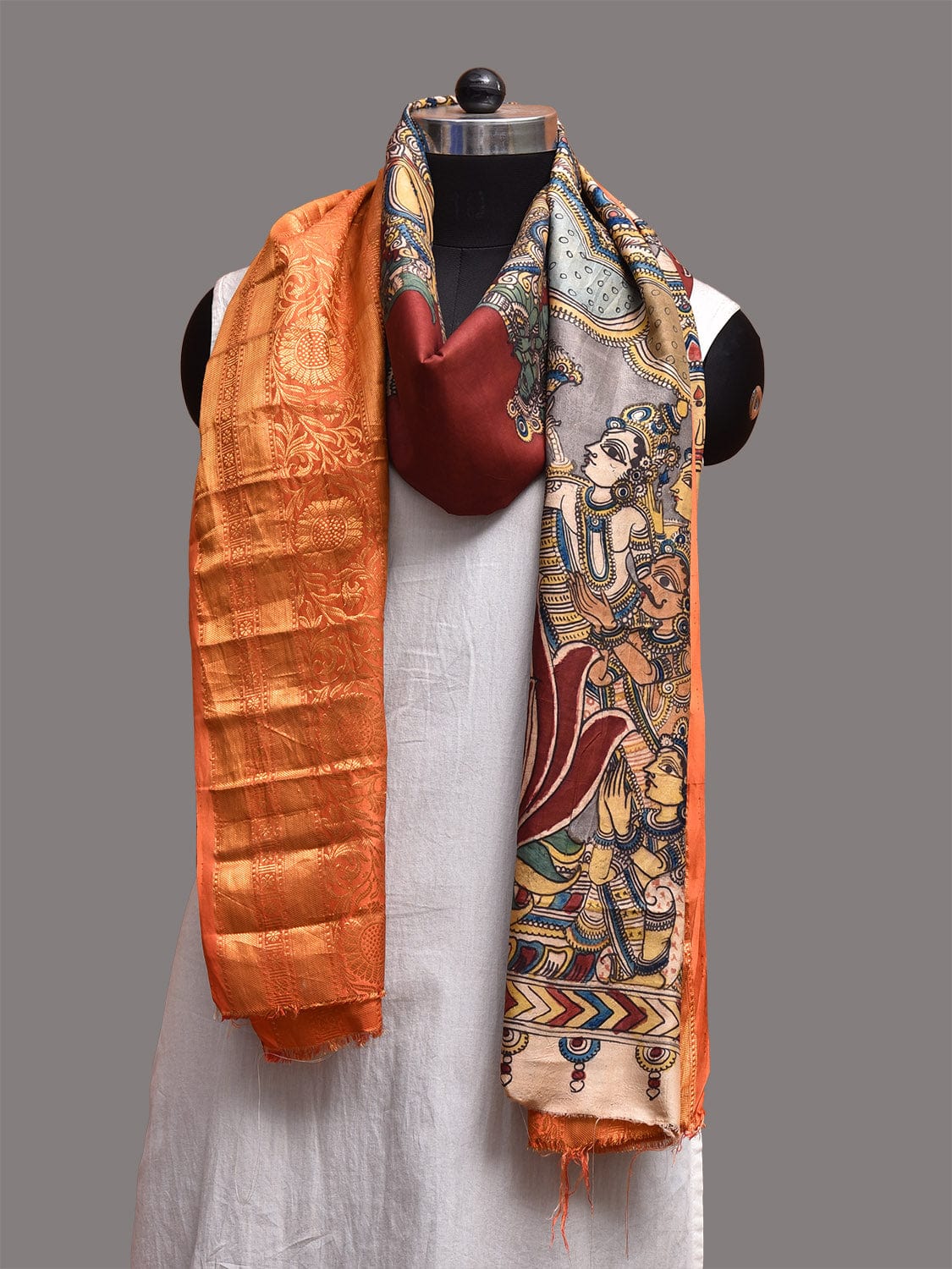 Red and Orange Kalamkari Hand Painted Kanchipuram Silk Handloom Dupatta with Saraswai Design ds3767