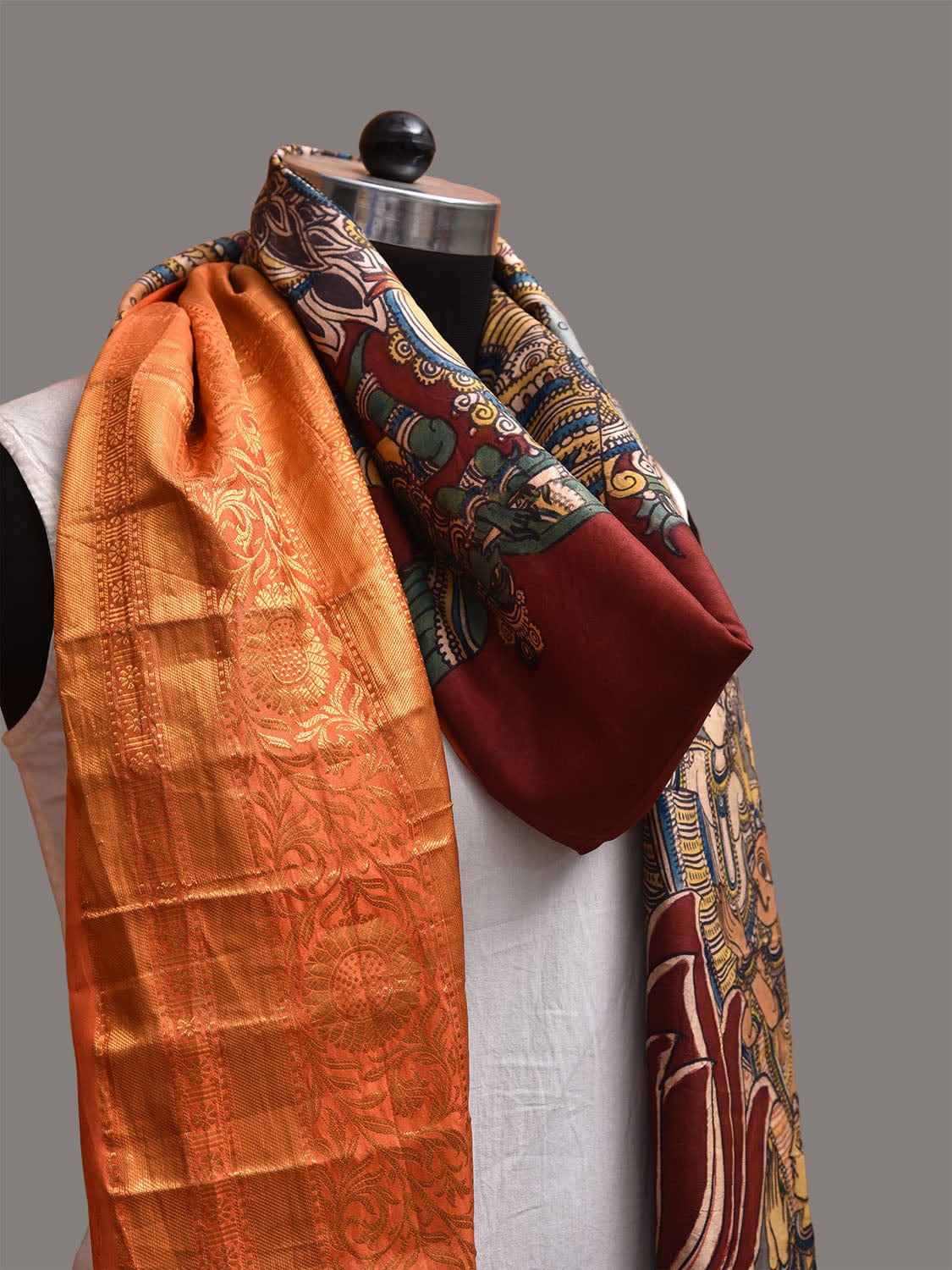 Red and Orange Kalamkari Hand Painted Kanchipuram Silk Handloom Dupatta with Saraswai Design ds3767