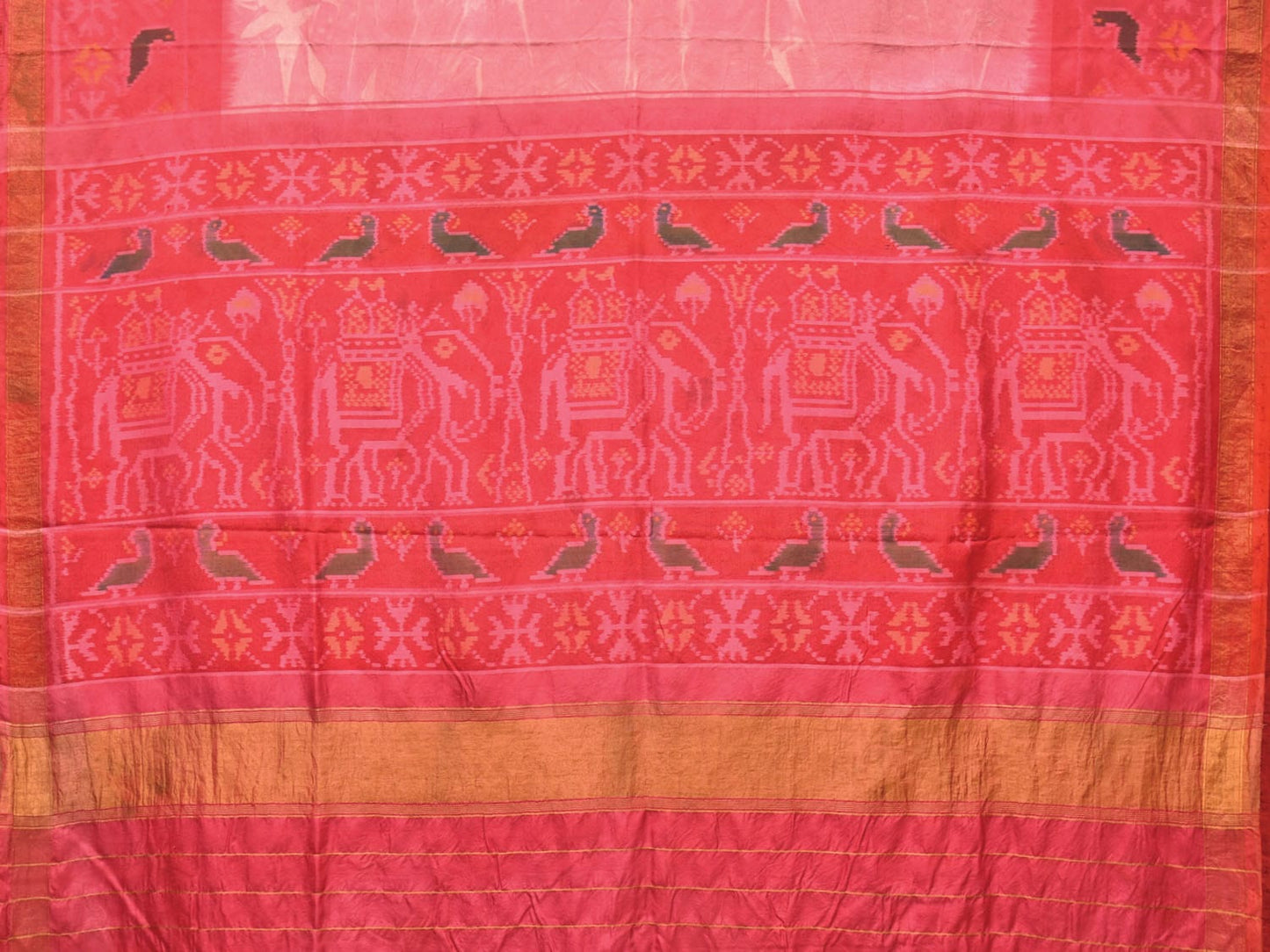 Red and Pink Kalamkari Hand Painted Ikat Silk Handloom Saree with Village Theme Design KL0732