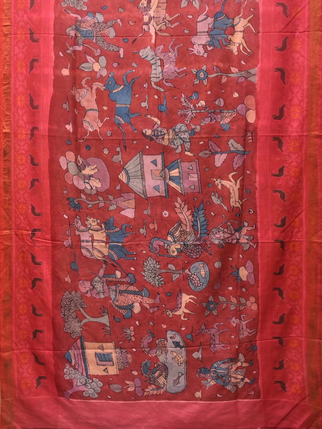 Red and Pink Kalamkari Hand Painted Ikat Silk Handloom Saree with Village Theme Design KL0732