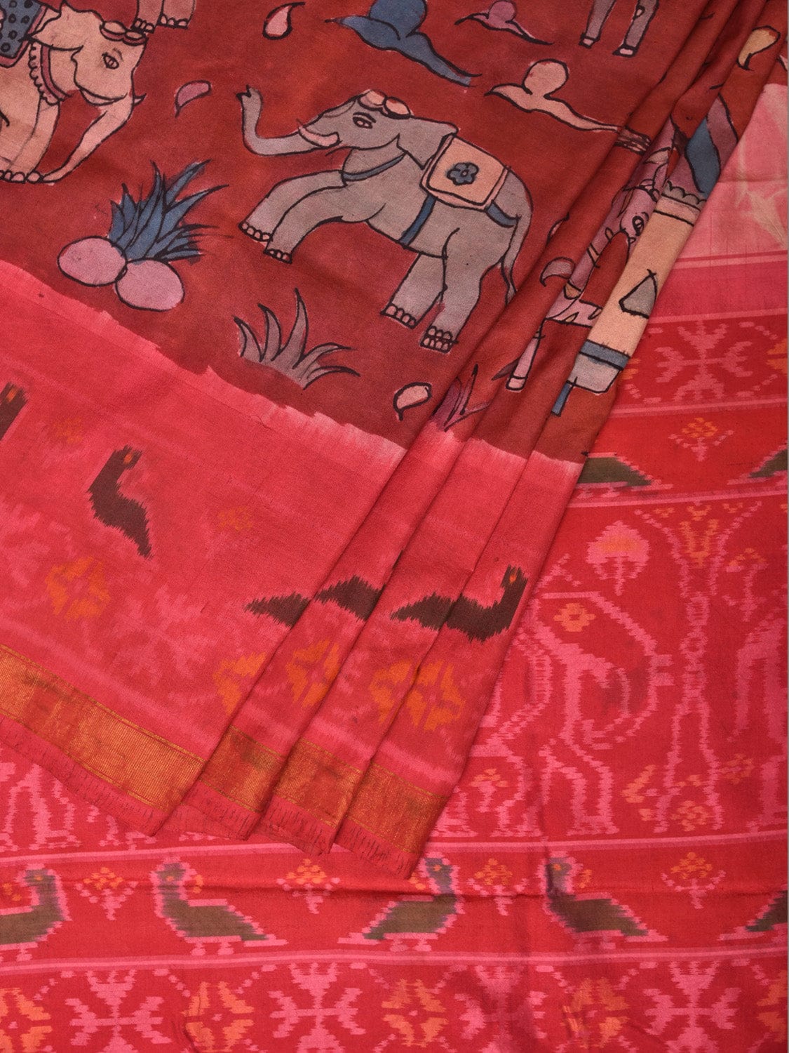 Red and Pink Kalamkari Hand Painted Ikat Silk Handloom Saree with Village Theme Design KL0732
