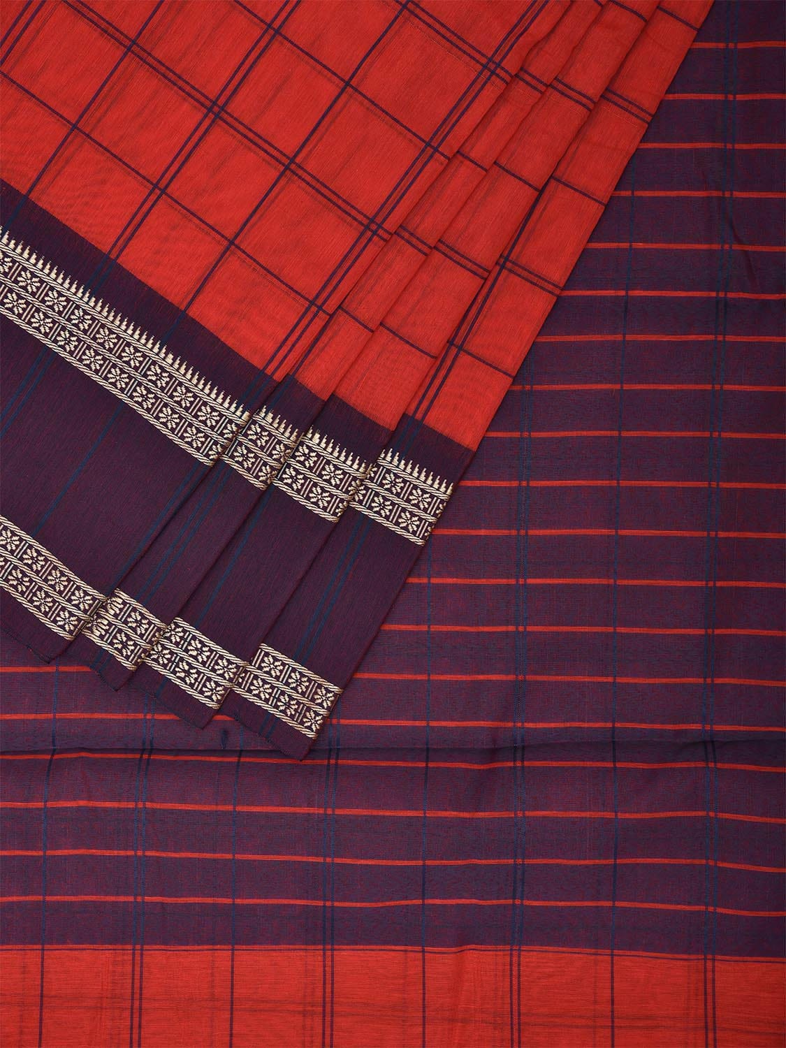 Red and Purple Bamboo Cotton Saree with Big Checks Design No Blouse bc0639