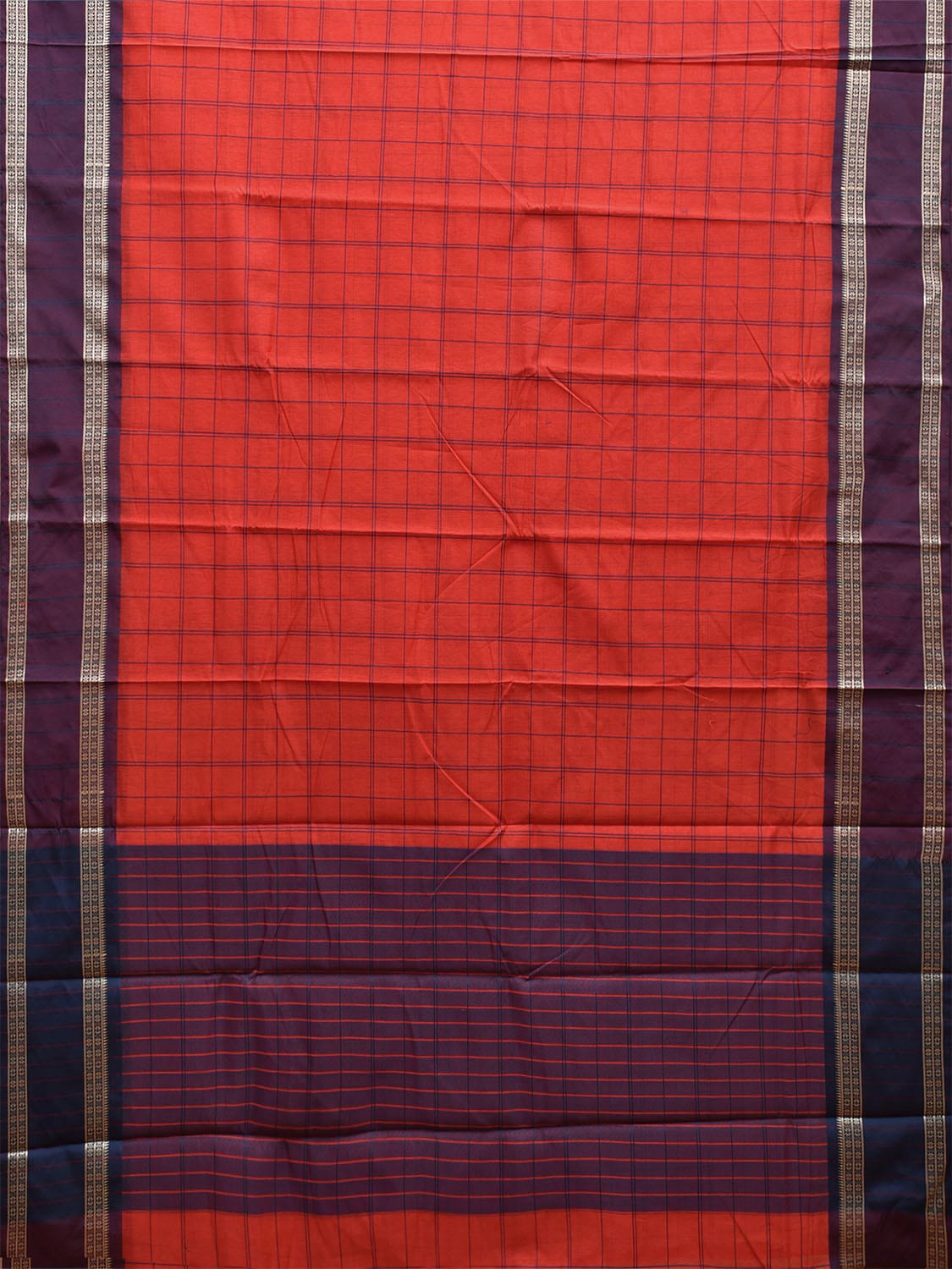 Red and Purple Bamboo Cotton Saree with Big Checks Design No Blouse bc0639