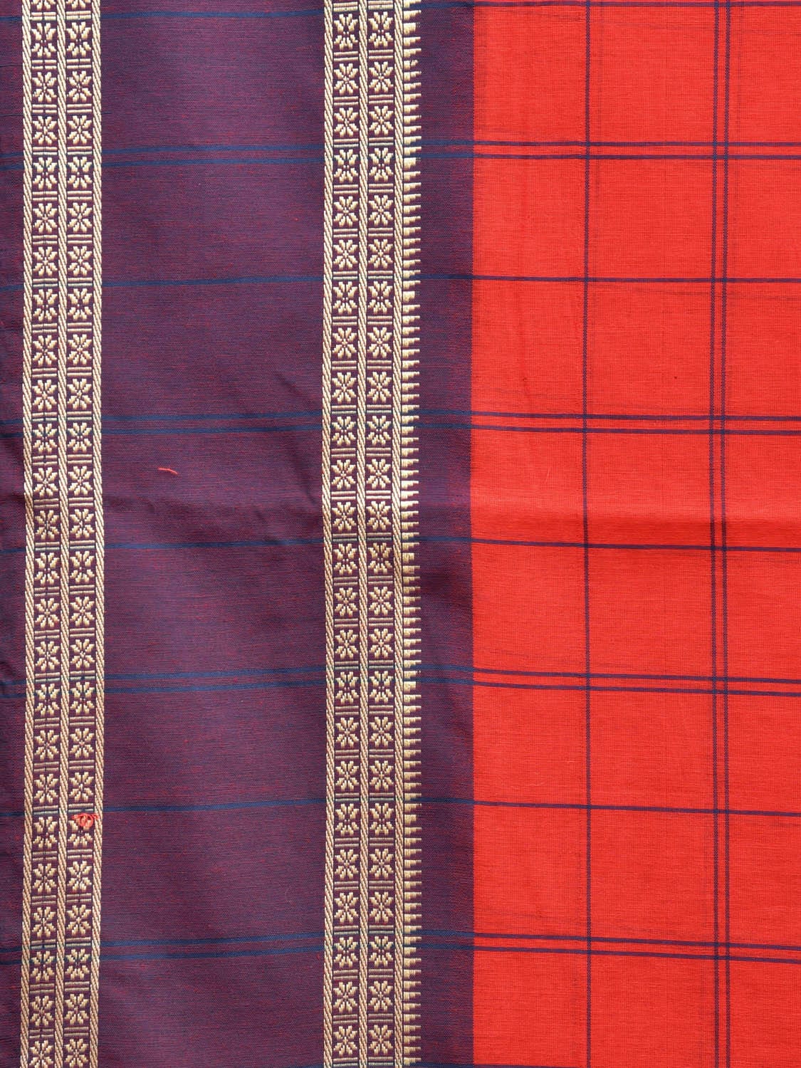 Red and Purple Bamboo Cotton Saree with Big Checks Design No Blouse bc0639