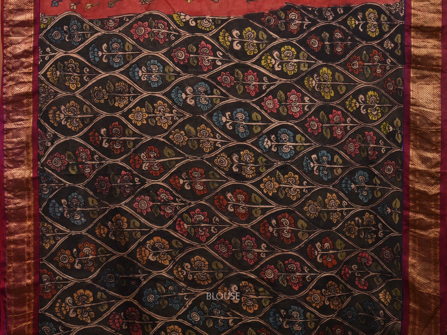 Red and Purple Kalamkari Hand Painted Paithani Silk Handloom Saree with Flowers Design KL0601