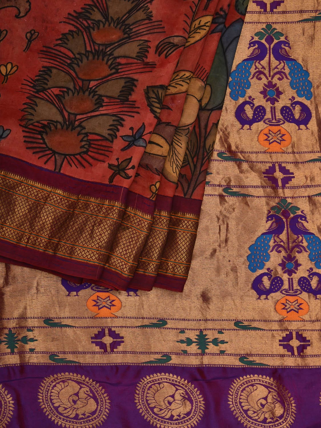 Red and Purple Kalamkari Hand Painted Paithani Silk Handloom Saree with Flowers Design KL0601
