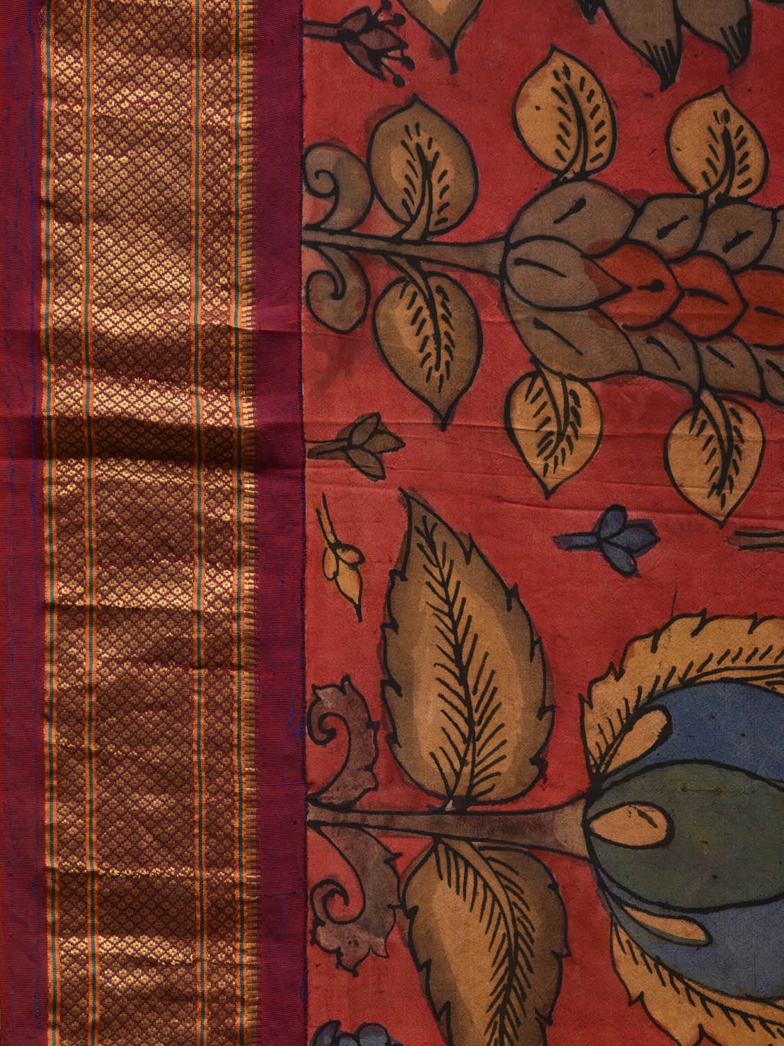 Red and Purple Kalamkari Hand Painted Paithani Silk Handloom Saree with Flowers Design KL0601