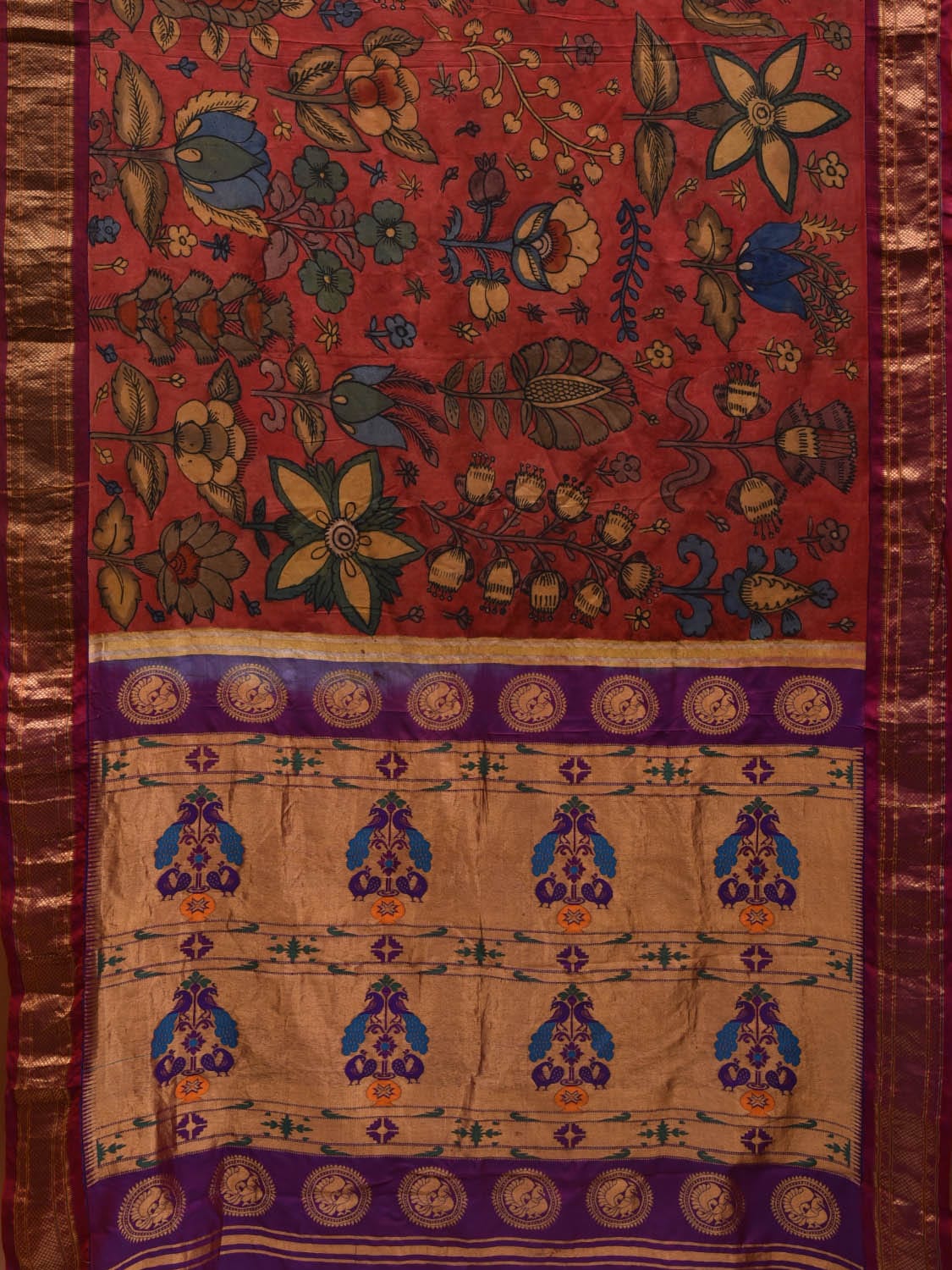 Red and Purple Kalamkari Hand Painted Paithani Silk Handloom Saree with Flowers Design KL0601