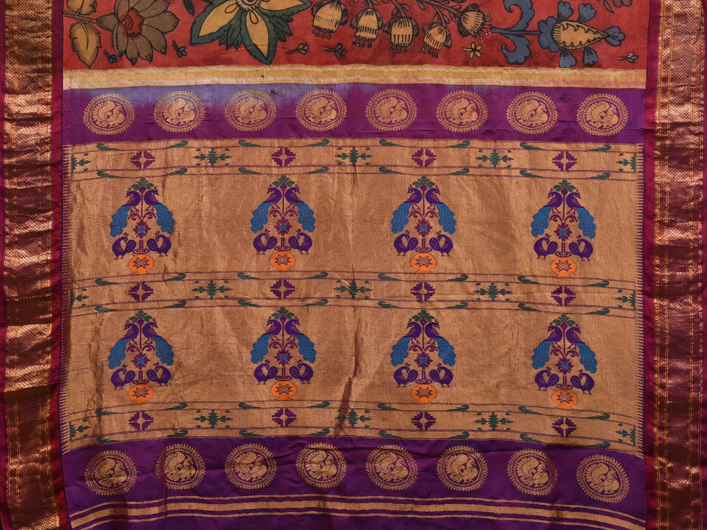 Red and Purple Kalamkari Hand Painted Paithani Silk Handloom Saree with Flowers Design KL0601
