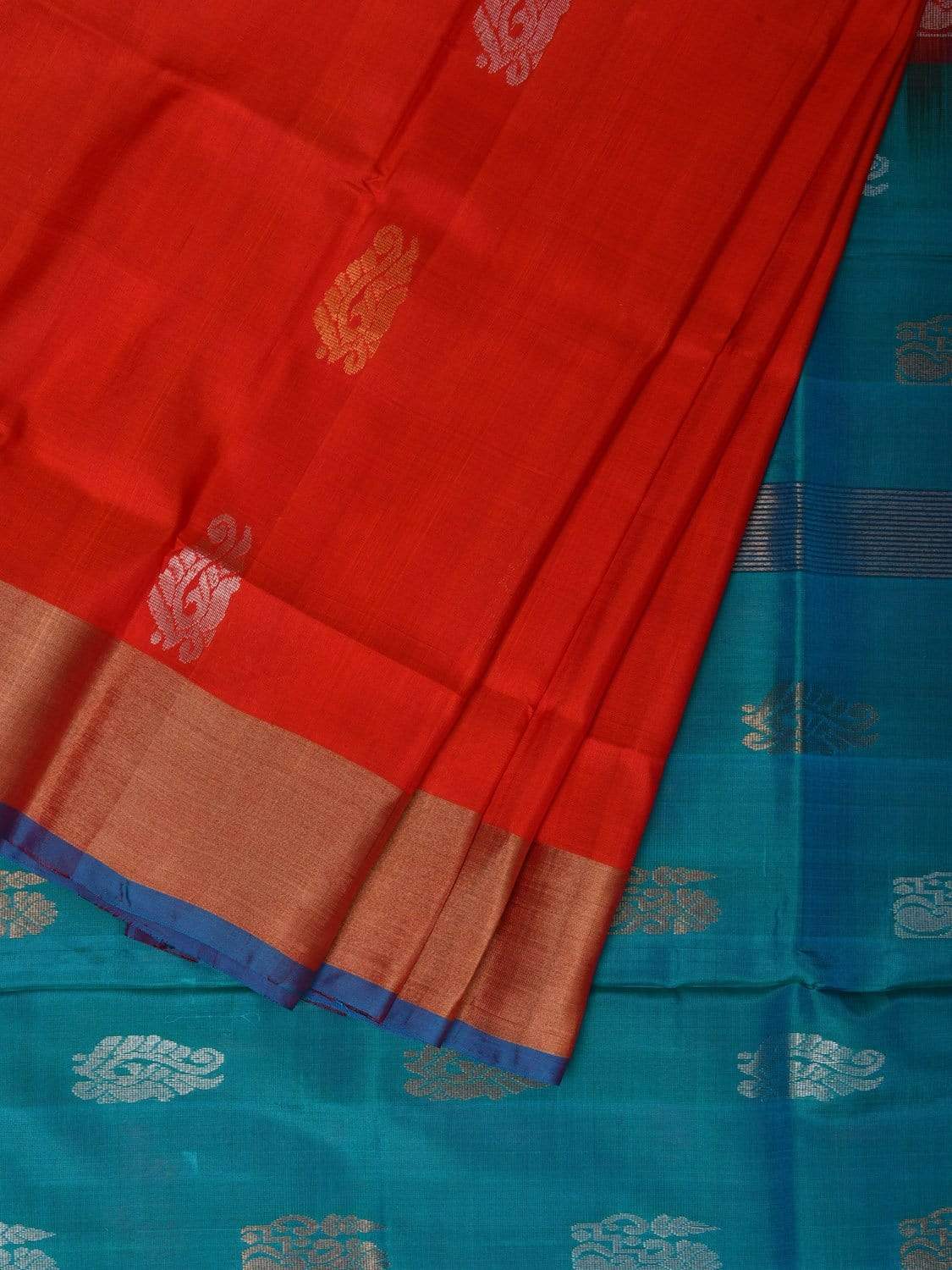 Red and Sea Blue Uppada Silk Handloom Saree with Body Buta Design u1782