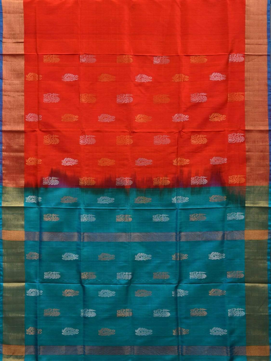 Red and Sea Blue Uppada Silk Handloom Saree with Body Buta Design u1782