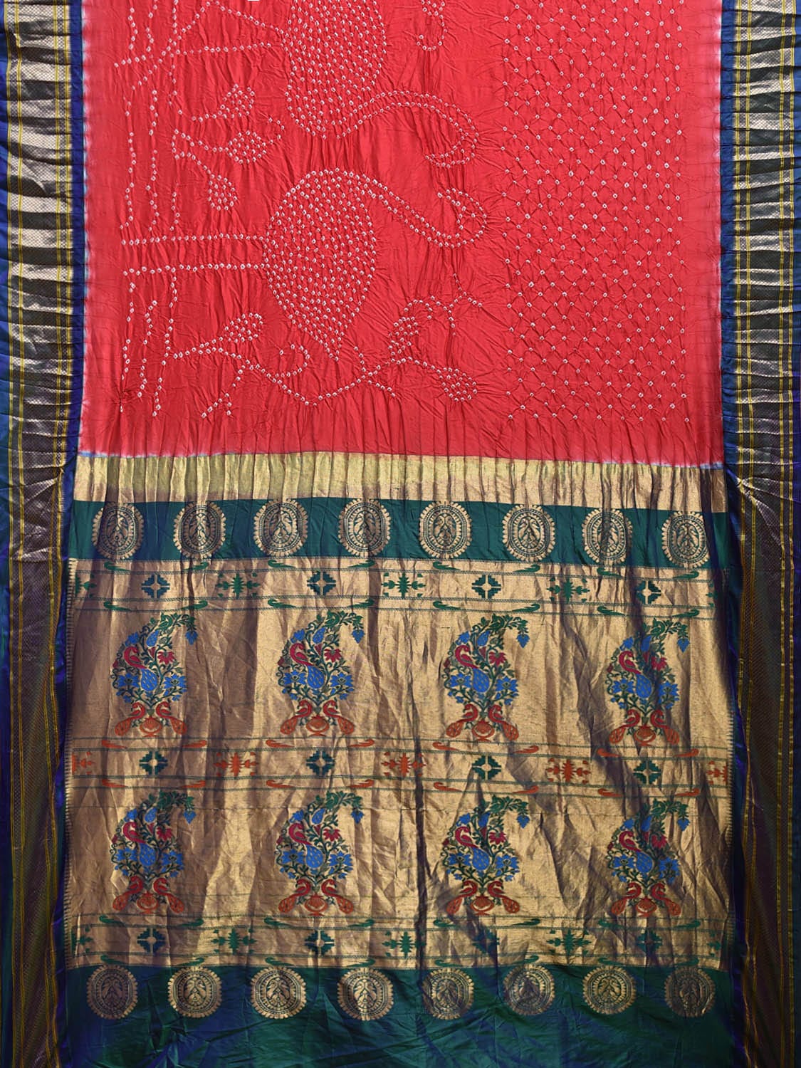 Red and Teal Bandhani Paithani Silk Saree with Flamingo and Pallu Design bn0505