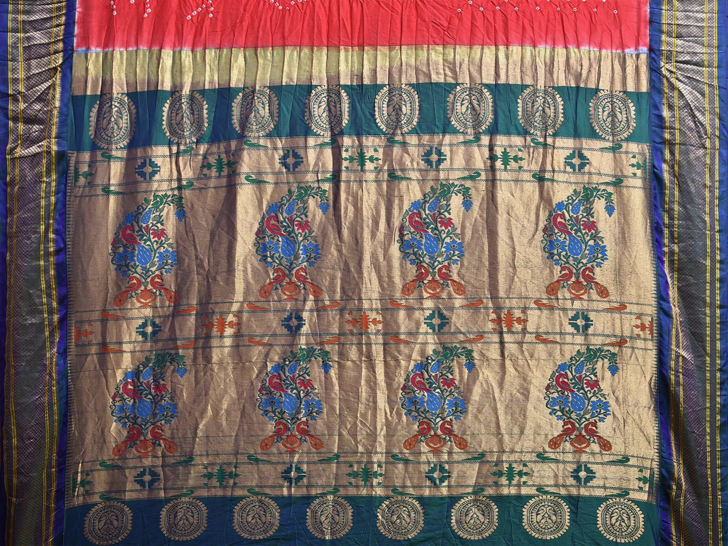 Red and Teal Bandhani Paithani Silk Saree with Flamingo and Pallu Design bn0505